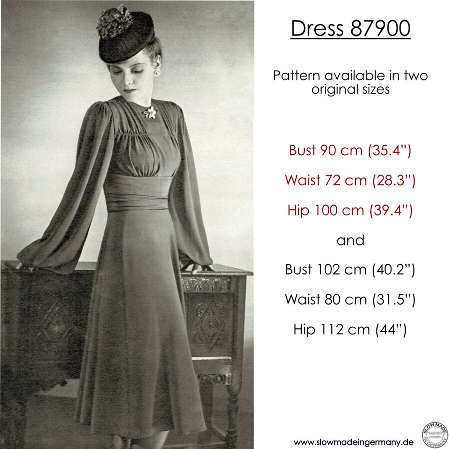 1939 Dress pattern in 90 cm/ 35.4" or 102cm/ 40.2" bust