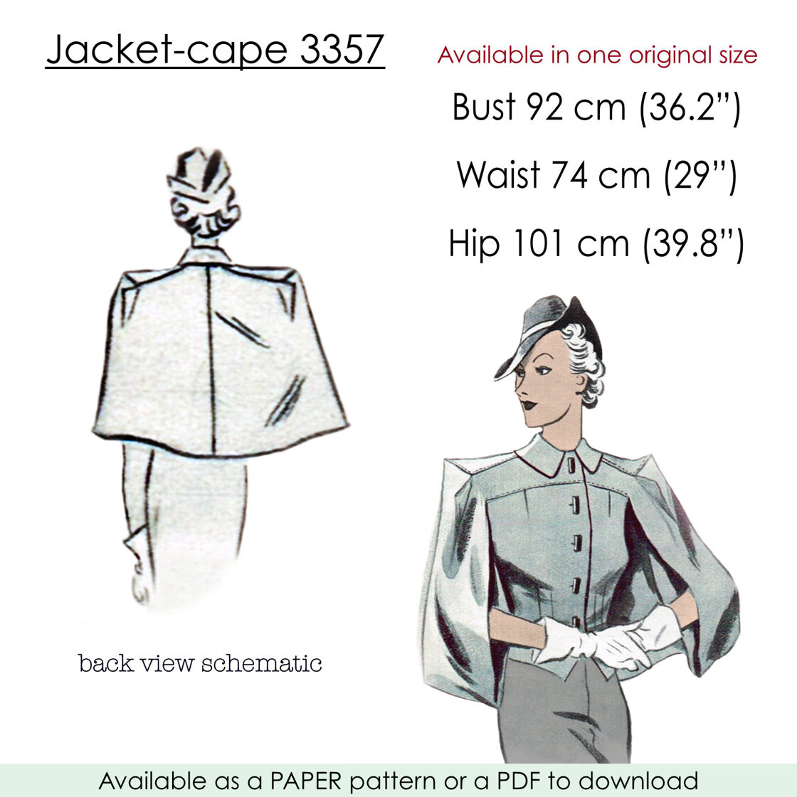 1937 Jacket with cape pattern in 92 cm /36" bust