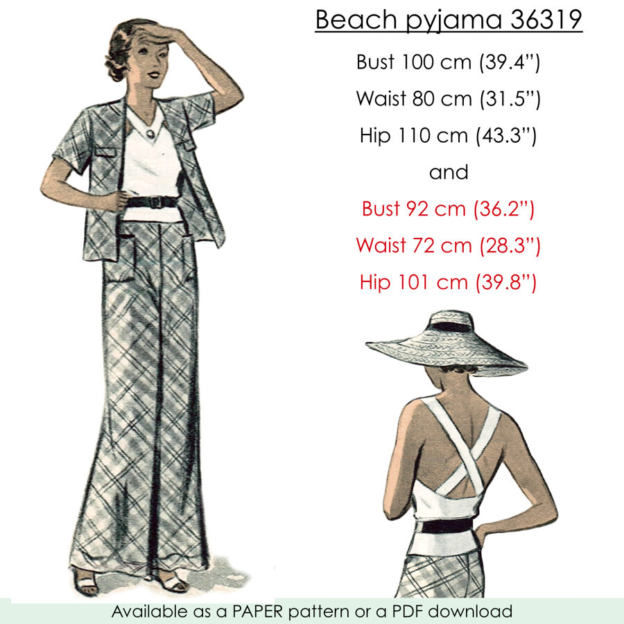 1935 Beach pyjama pattern 92 cm or 100 cm (36 or 39.4) bust