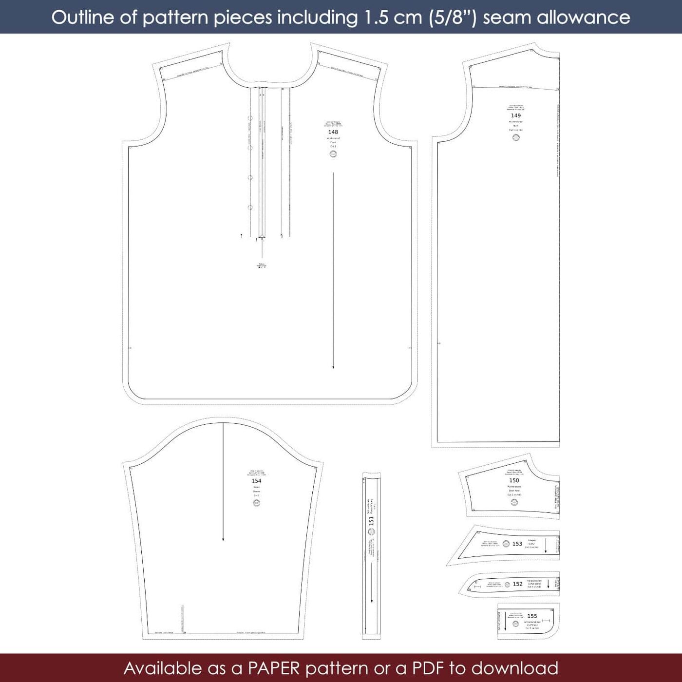 men's dress shirt pattern pdf Mandarin Collar Long Sleeve Dress Shirt Sewing Pattern PDF FOR MEN (Size  US34-42,EU44-52)
