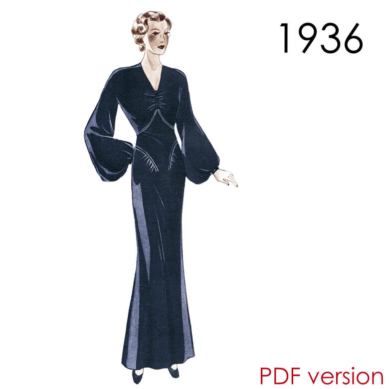 1936 Gown. Bust 108 cm (42.5"). PDF pattern.
