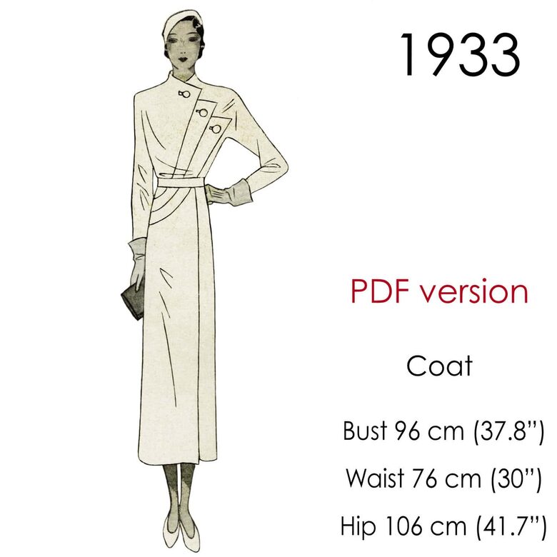 1933 Art Deco coat. Bust 96 cm (37.8"). PDF pattern.