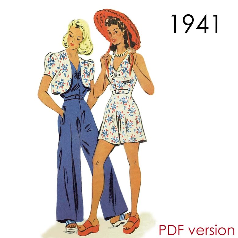 1941 Summer beach outfit, Bust 112 cm (44"). PDF pattern.