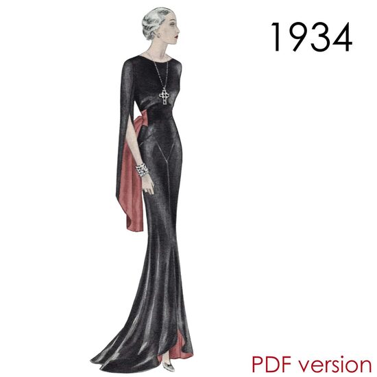 1934 Long gown. Busts 88 cm + 96 cm (35" & 38"). PDF pattern