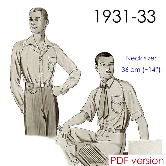 1930s Men's raglan sleeve shirt. Neck 36 cm (14"). PDF