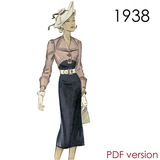 1938 Dress. Bust 90 cm (35"). PDF pattern.