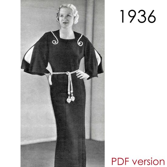 1936 Dress. Bust 100 cm (39.4"). PDF pattern.