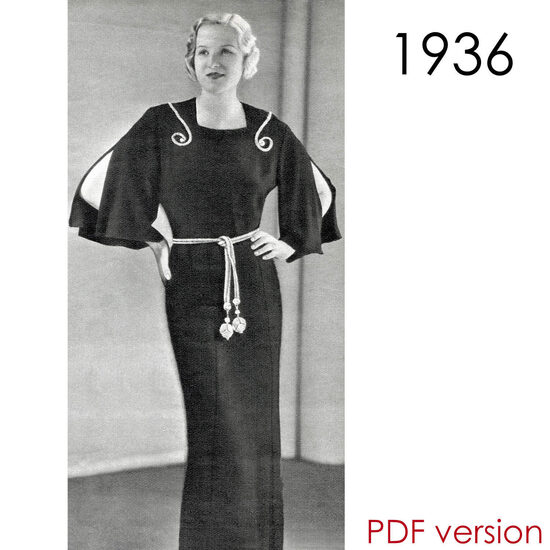 1936 Dress. Bust 100 cm (39.4"). PDF pattern.