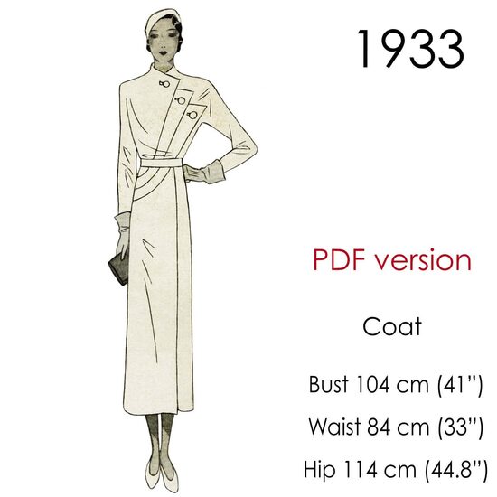1933 Art Deco coat. Bust 104 cm (41"). PDF pattern.