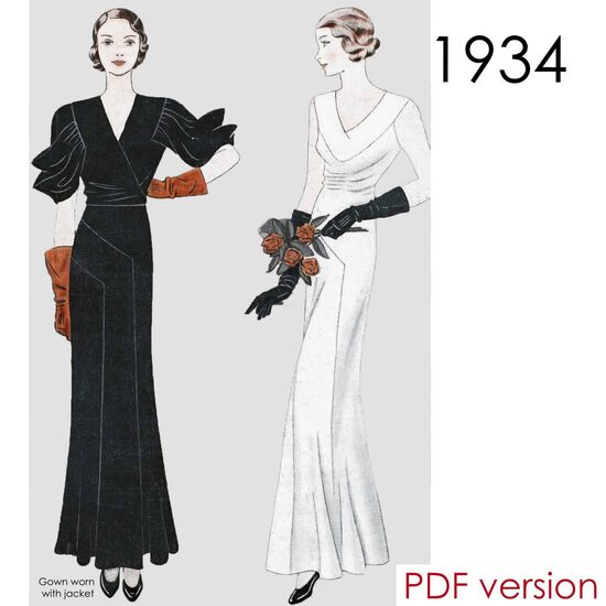 1934 Gown & Jacket. Bust 102 cm (40"). PDF pattern.