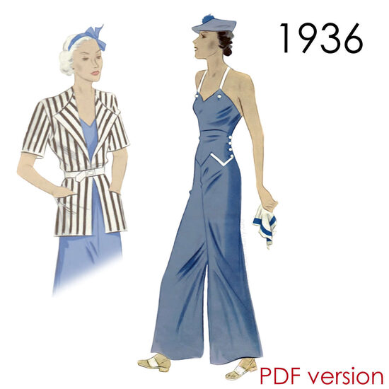 1936 Beach pyjama 104 cm (41") bust. PDF pattern.