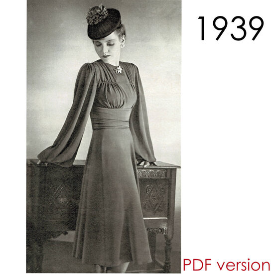 1939 Dress. Bust 102 cm (40"). PDF pattern.