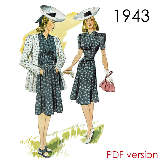 1943 Dress & Jacket. Bust 96 cm (37.8"). PDF
