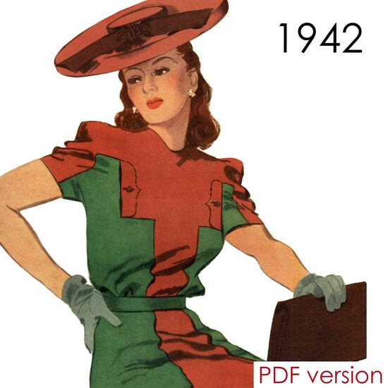 1942 Dress. Bust 104 cm (41"). PDF pattern.