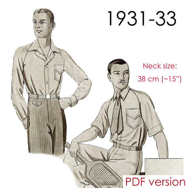 1930s Mens' raglan sleeve shirt PDF pattern neck 38 cm (15")