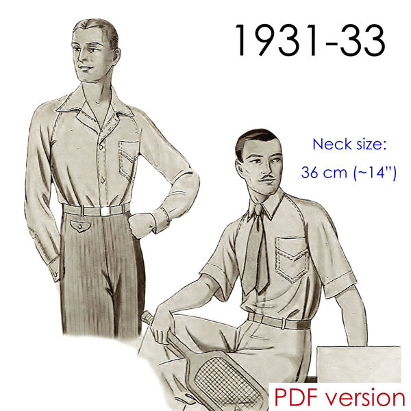 1930s Mens' raglan sleeve shirt PDF pattern neck 36 cm (14")