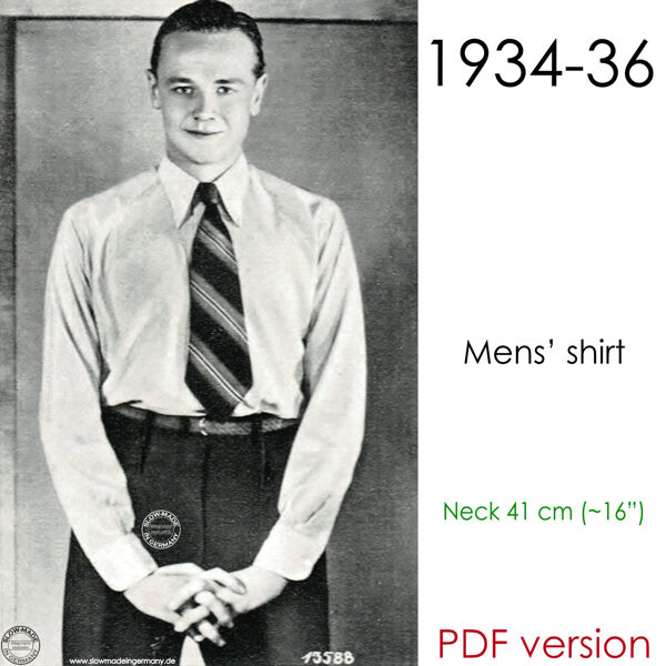1930s Men's shirt PDF pattern neck size 41 cm (16")