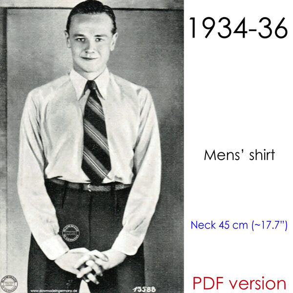1930s Men's shirt PDF pattern neck size 45 cm (17.7")