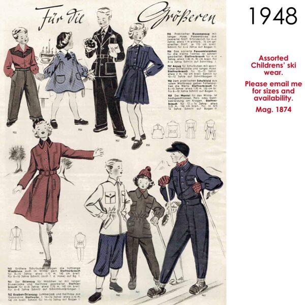 Vintage sketch of children's ski wear 1948