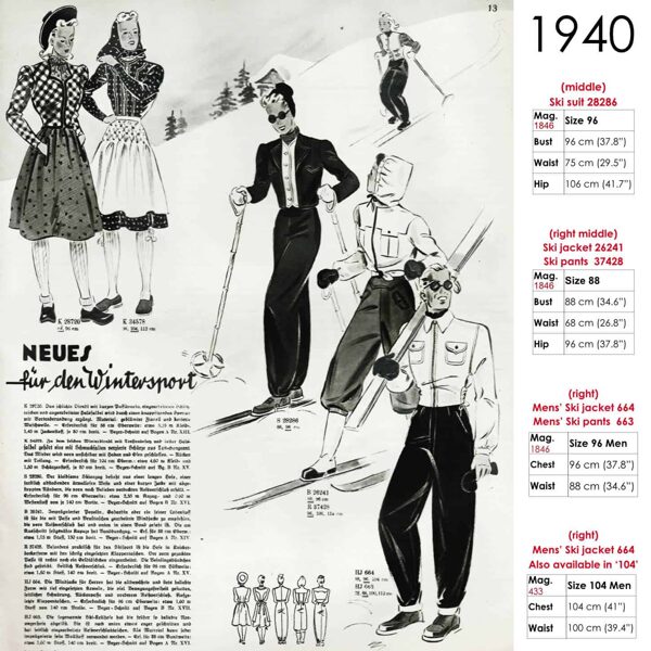Vintage sketch of ski wear designs 1940
