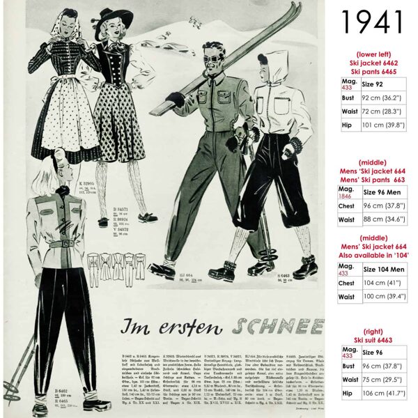 Vintage sketch of ski wear designs 1941