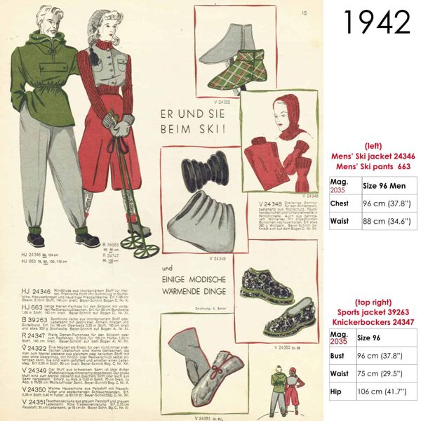 Vintage sketch of ski clothing designs 1942