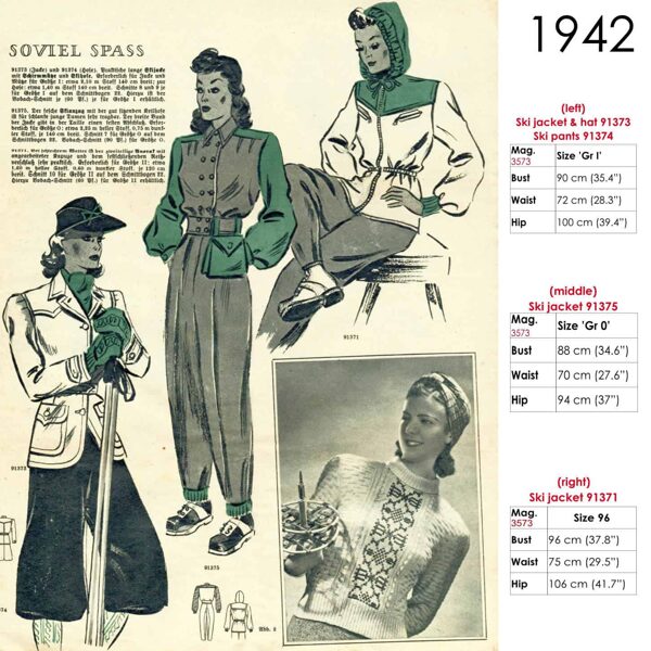 Vintage sketch of ski clothing designs 1942