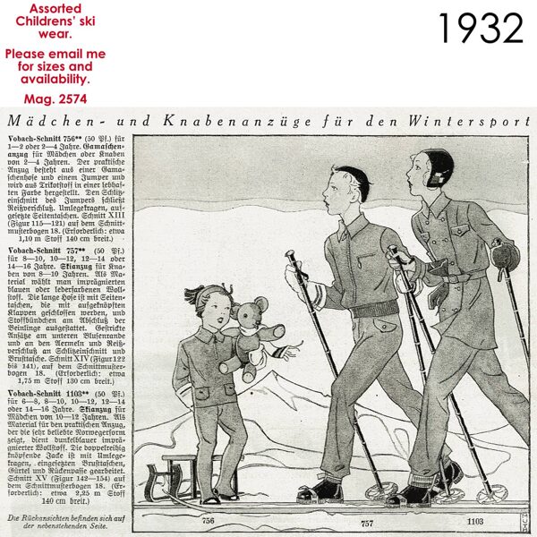 Original sketch of 1930s ski wear for children