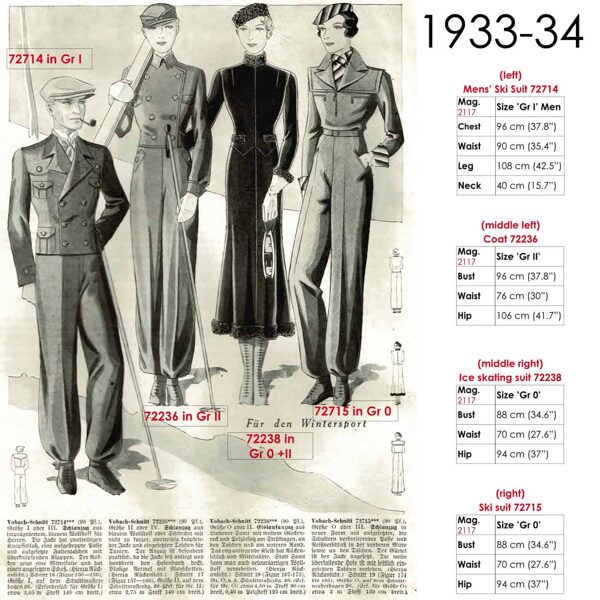 Original sketches 1930s skiwear sewing patterns