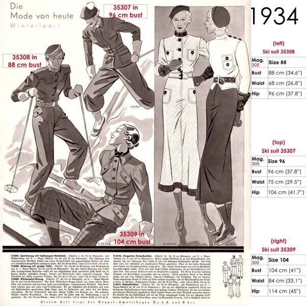 Original sketches 1930s skiwear sewing patterns