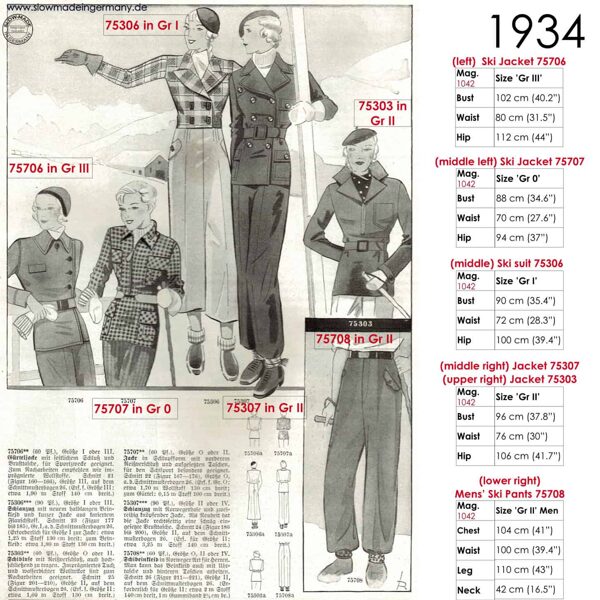 Original sketches 1934 skiwear sewing patterns