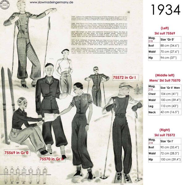 Original sketches 1934 skiwear sewing patterns