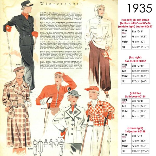 Original sketches 1935 skiwear sewing patterns