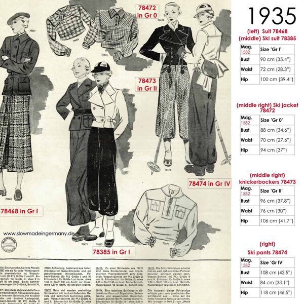 Original sketches 1935 skiwear sewing patterns
