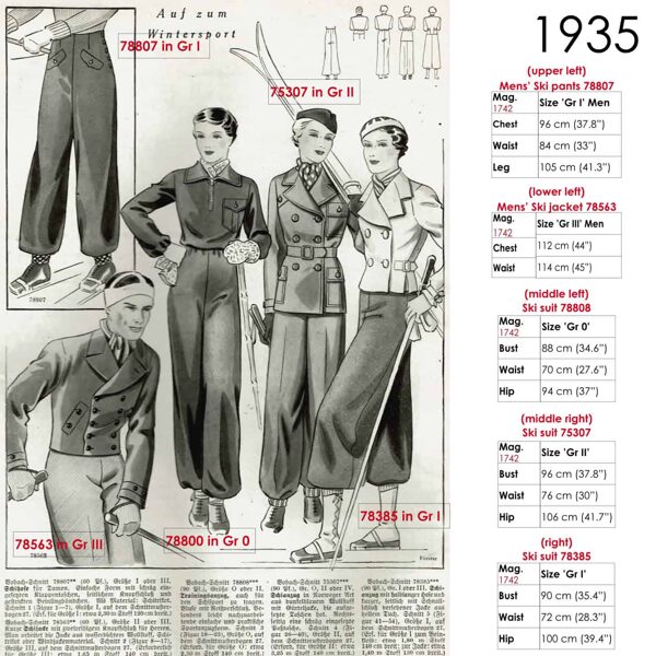 Original sketches 1930s ski wear sewing patterns