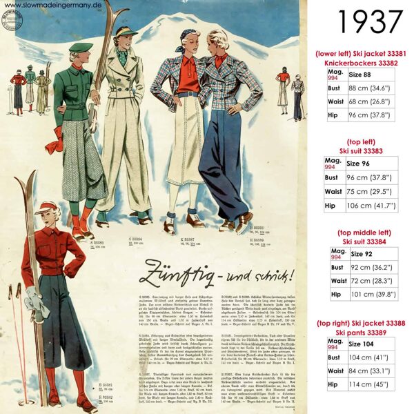 Original sketches 1930s skiwear sewing patterns