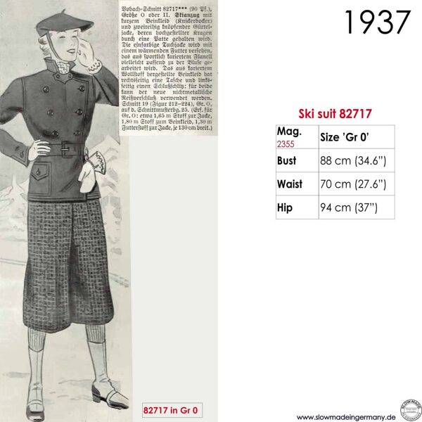 Original sketch 1937 skiwear sewing patterns