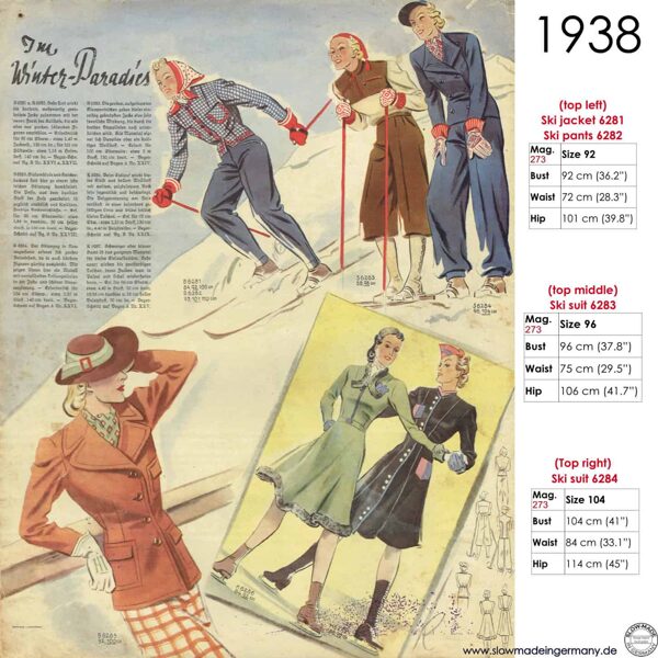 Original sketches 1938 skiwear sewing patterns
