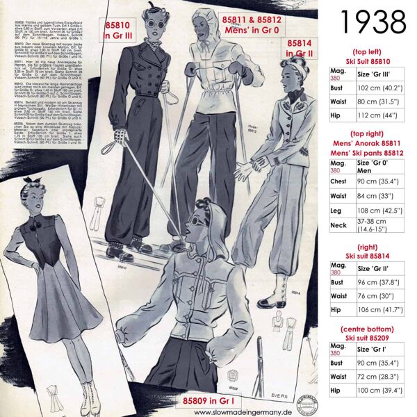 Original sketches 1930s skiwear sewing patterns