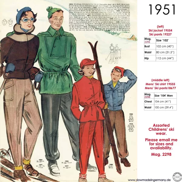 Drawing of family in 1950s ski clothing