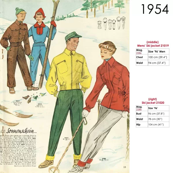 Drawing of family in 1954 ski clothing