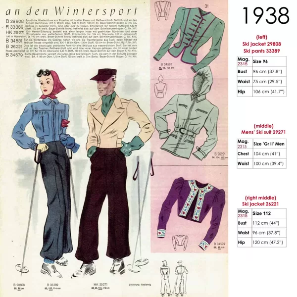 Original sketches late 1930s skiwear patterns