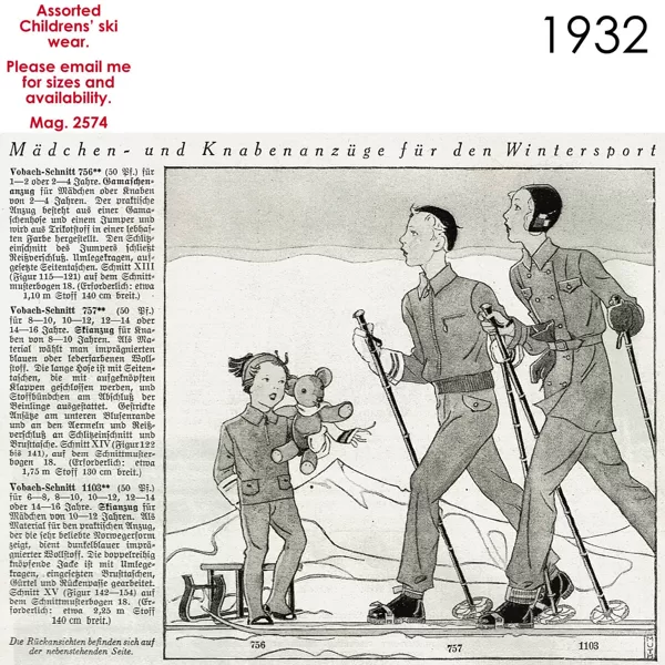 Original sketch of 1930s ski wear for children