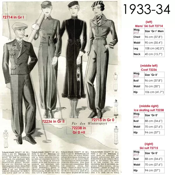 Original sketches 1930s skiwear sewing patterns