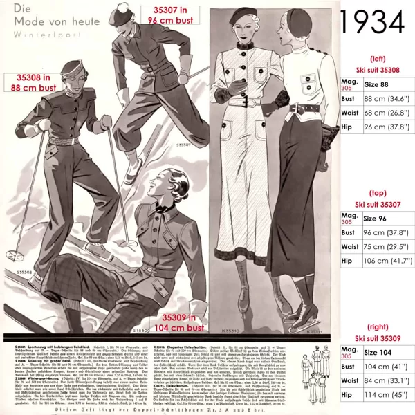Original sketches 1930s skiwear sewing patterns