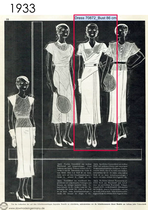 Early 1930s dress designs, featuring petite size dress for bust of 84 cm